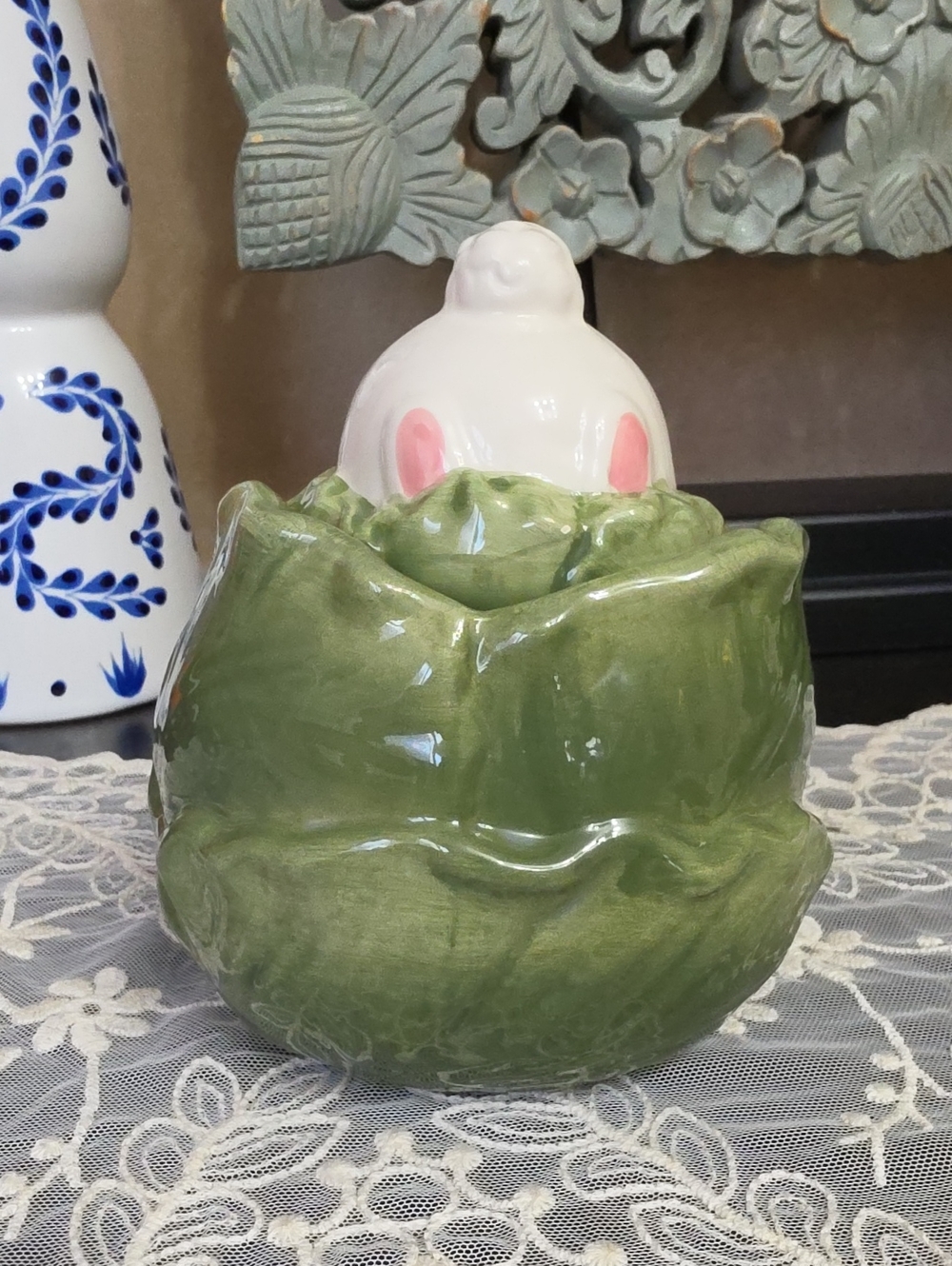 Whimsical Cupboard 'Strawberry Street' Ceramic Bunny Canister- Pale Green Rim